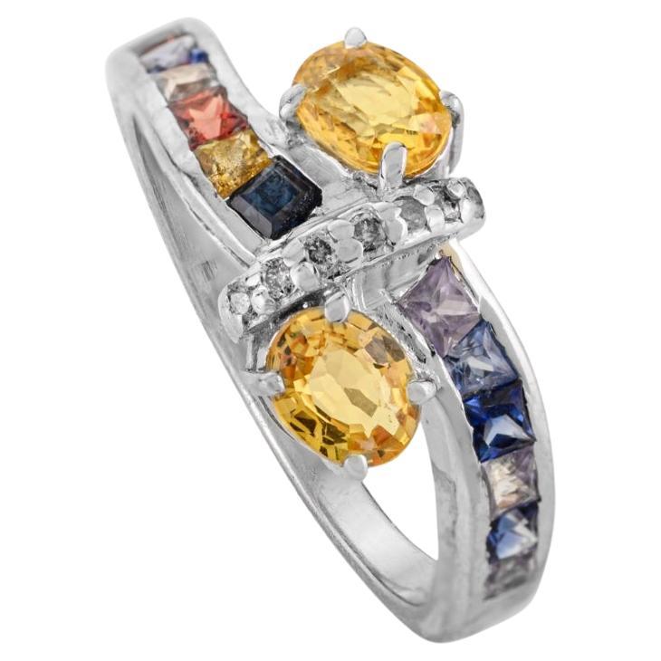 Silvorra 3.25 Carat Natural Multi Sapphire & Diamond Bypass Ring in 925 Silver