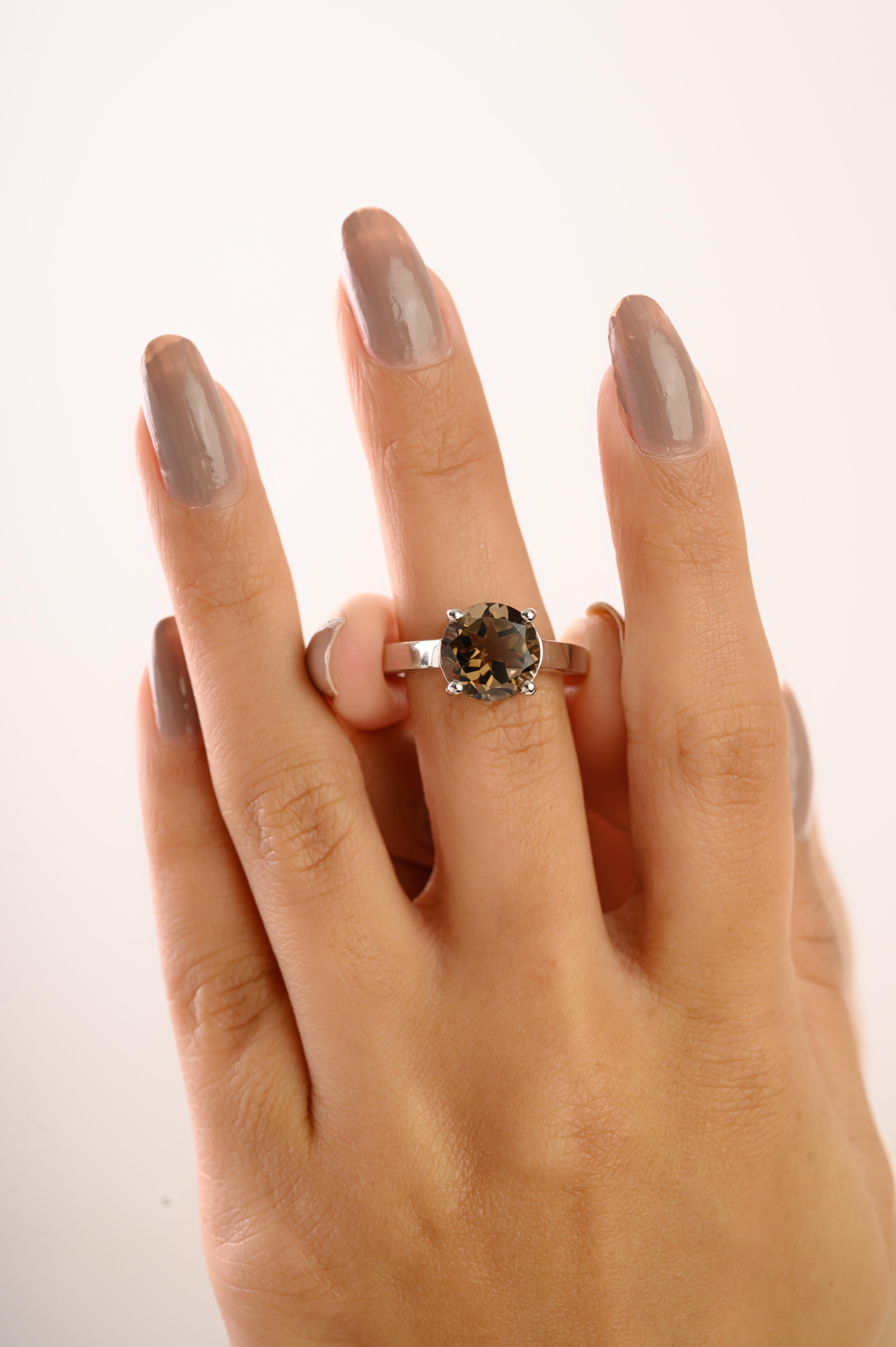En venta: Silvorra 3,8 qt Topacio ahumado redondo natural solitario Anillo de plata 925 Regalo de Navidad  2