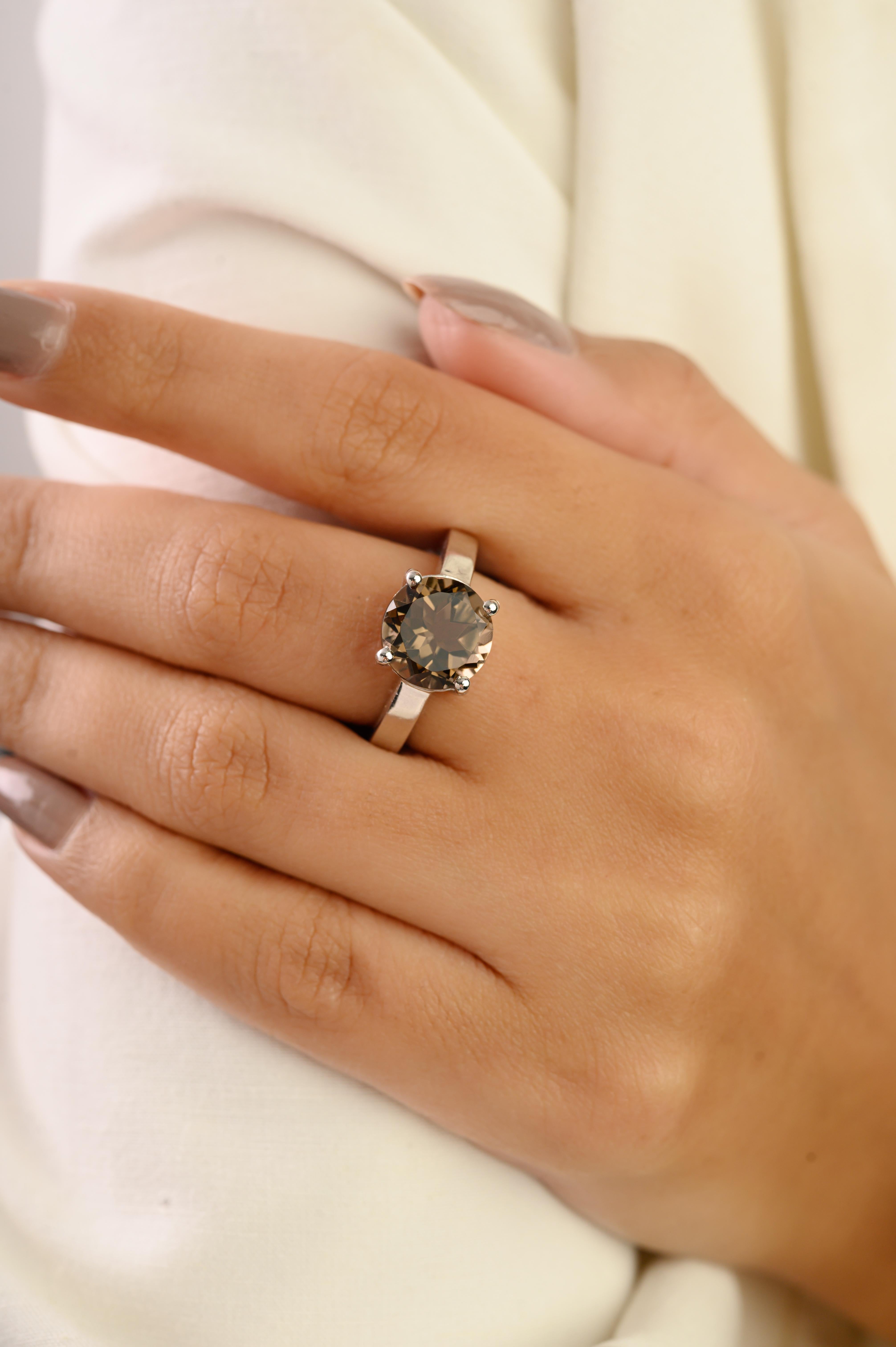 En venta: Silvorra 3,8 qt Topacio ahumado redondo natural solitario Anillo de plata 925 Regalo de Navidad  6