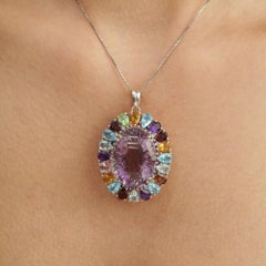 Silvorra 39.71 CTW Victorian Style Multi Gemstone Halo Pendant in Solid Silver