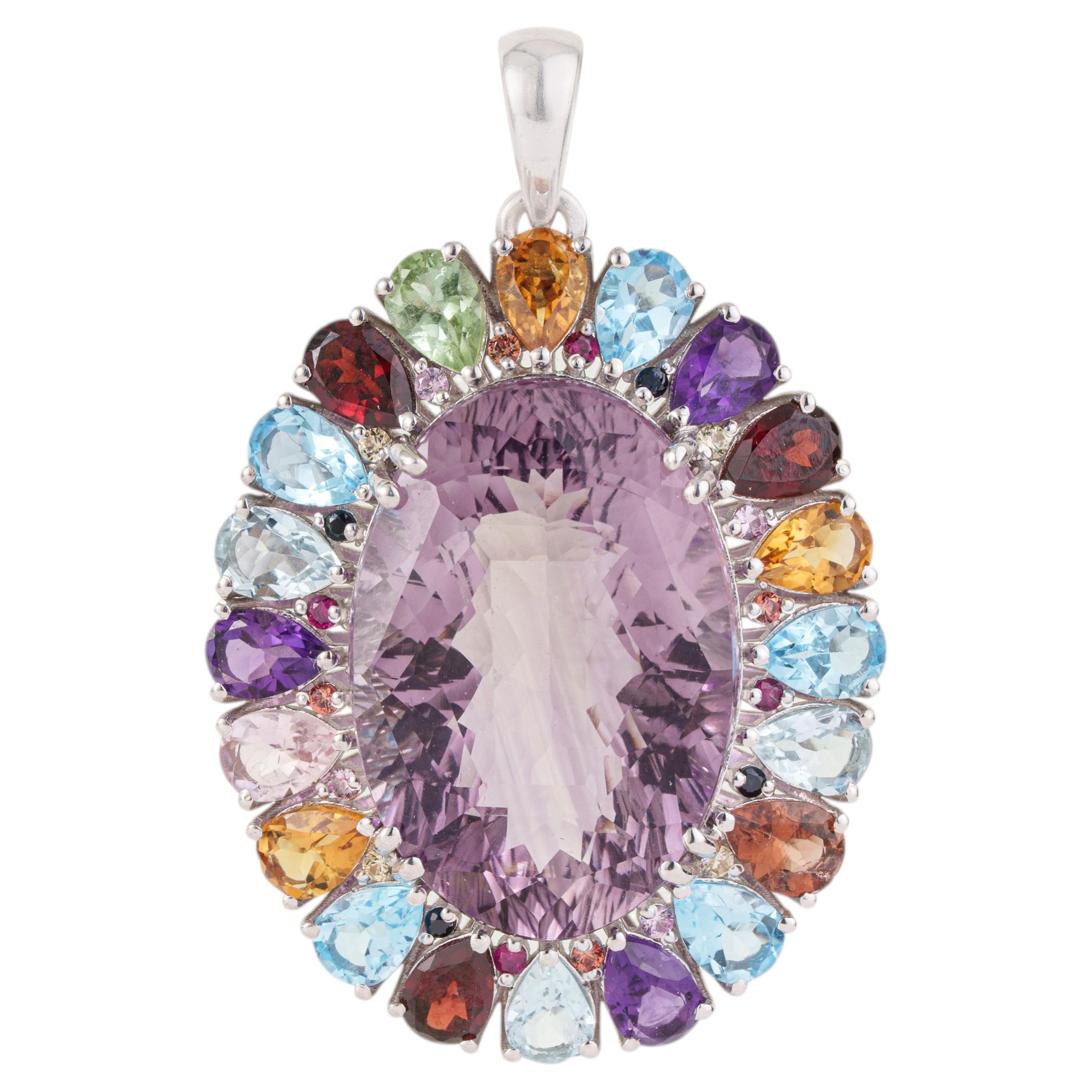 Silvorra 39.71 CTW Victorian Style Multi Gemstone Halo Pendant in Solid Silver