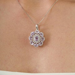 Silvorra 4.14 Carat Amethyst Cubic Zirconia Solid Silver Floral Cluster Pendant