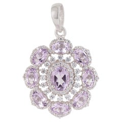 Silvorra 4.14 Carat Amethyst Cubic Zirconia Solid Silver Floral Cluster Pendant