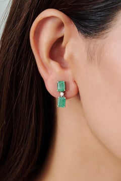 Silvorra 4.14 Carat Geometric Emerald & Diamond Drop Earrings in Sterling Silver