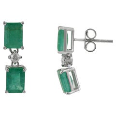 Silvorra 4.14 Carat Geometric Emerald & Diamond Drop Earrings in Sterling Silver