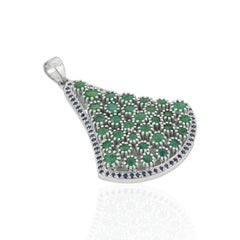 Silvorra 4.17 Carat Emerald Fan Shaped 925 Silver Pendant with Sapphire Accents