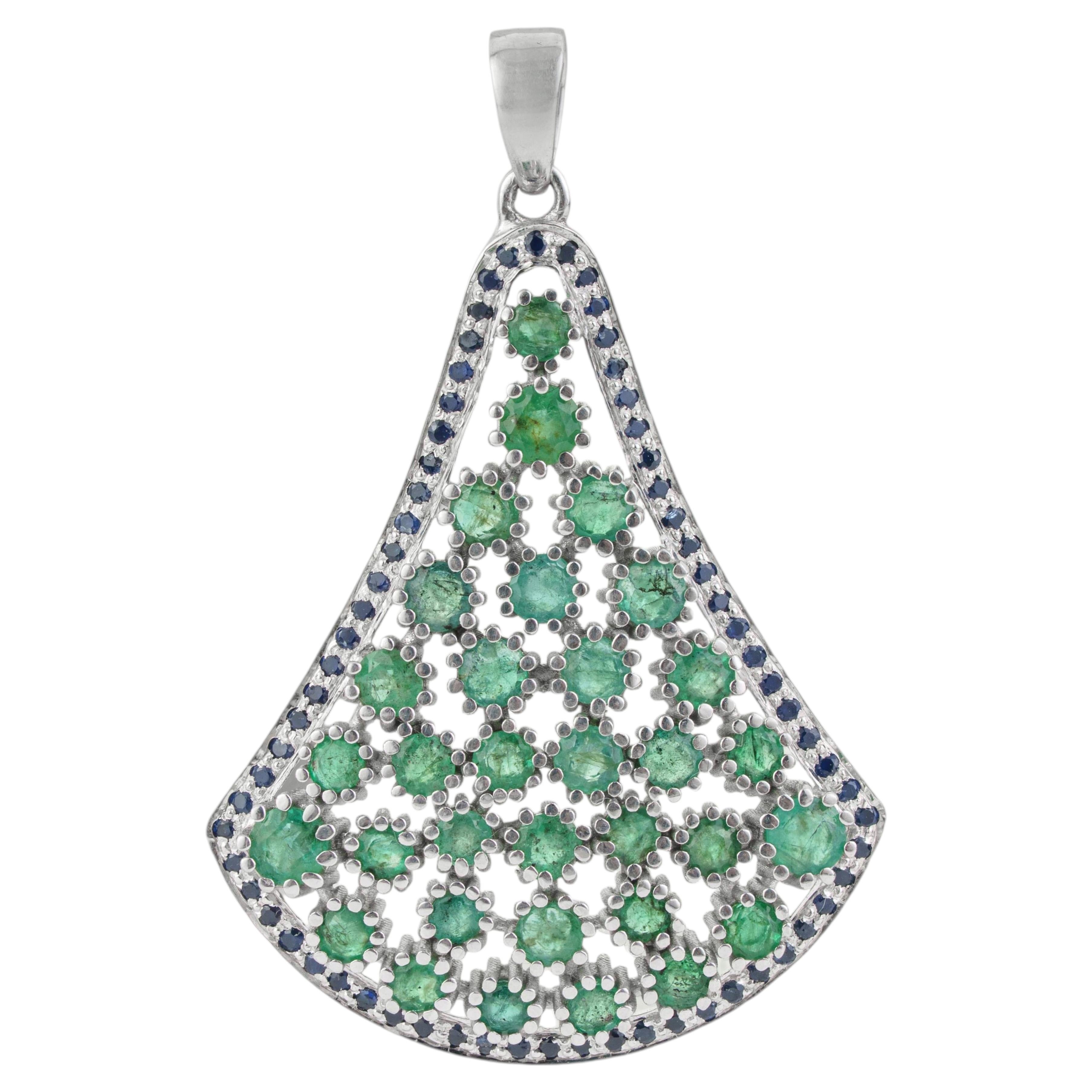 Silvorra 4.17 Carat Emerald Fan Shaped 925 Silver Pendant with Sapphire Accents