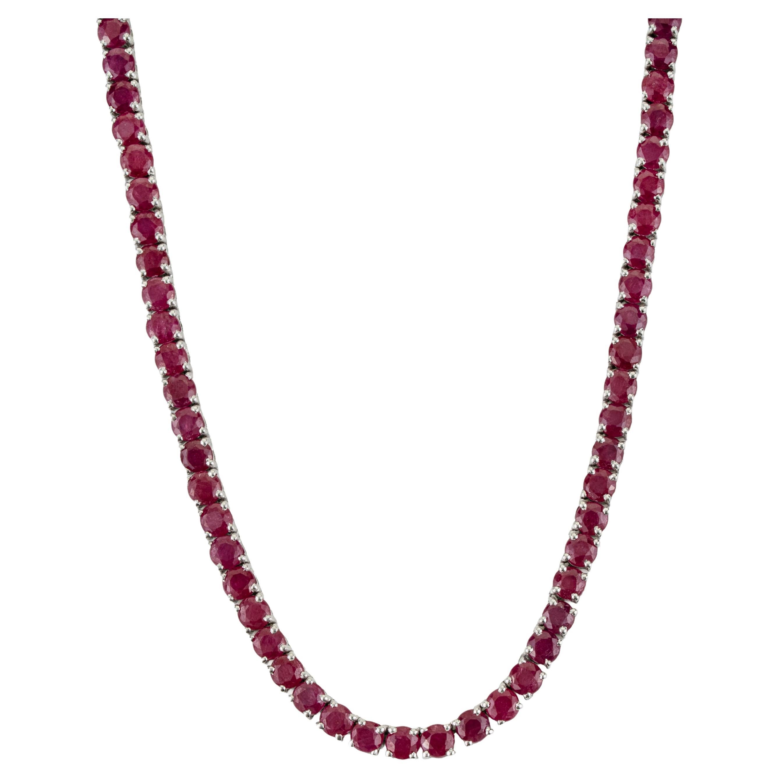 Silvorra 41.7CT Natural Ruby Tennis Necklace in 16 Inch 925 Silver Strand
