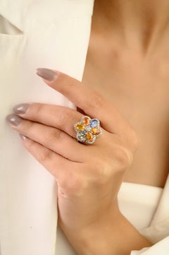 Silvorra 4,9 Karat natürlicher Multi Saphir & Diamant Blumen Ring in 925 Silber