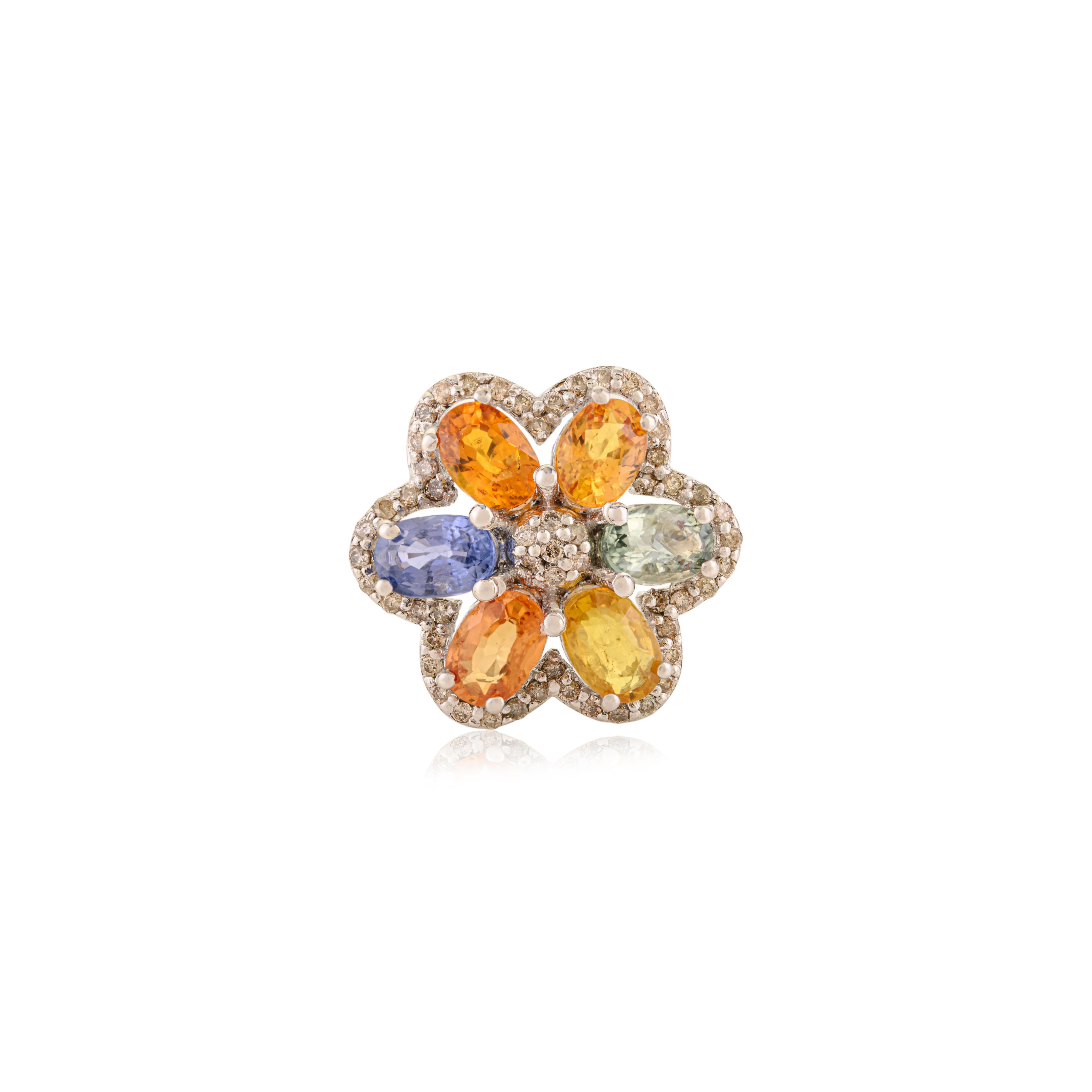 Im Angebot: Silvorra 4,9 Karat natürlicher Multi Saphir & Diamant Blumen Ring in 925 Silber () 3