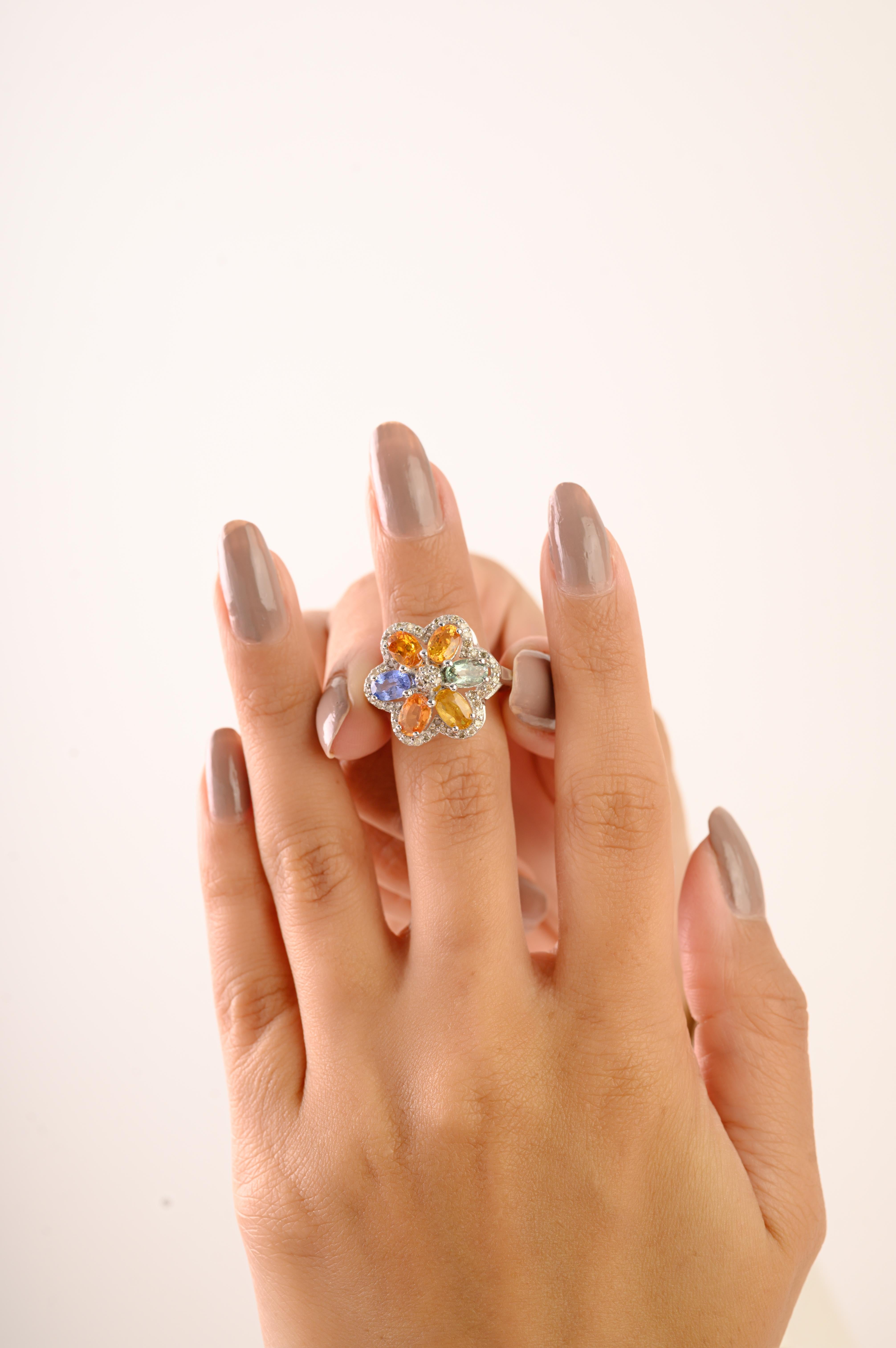 Im Angebot: Silvorra 4,9 Karat natürlicher Multi Saphir & Diamant Blumen Ring in 925 Silber () 6