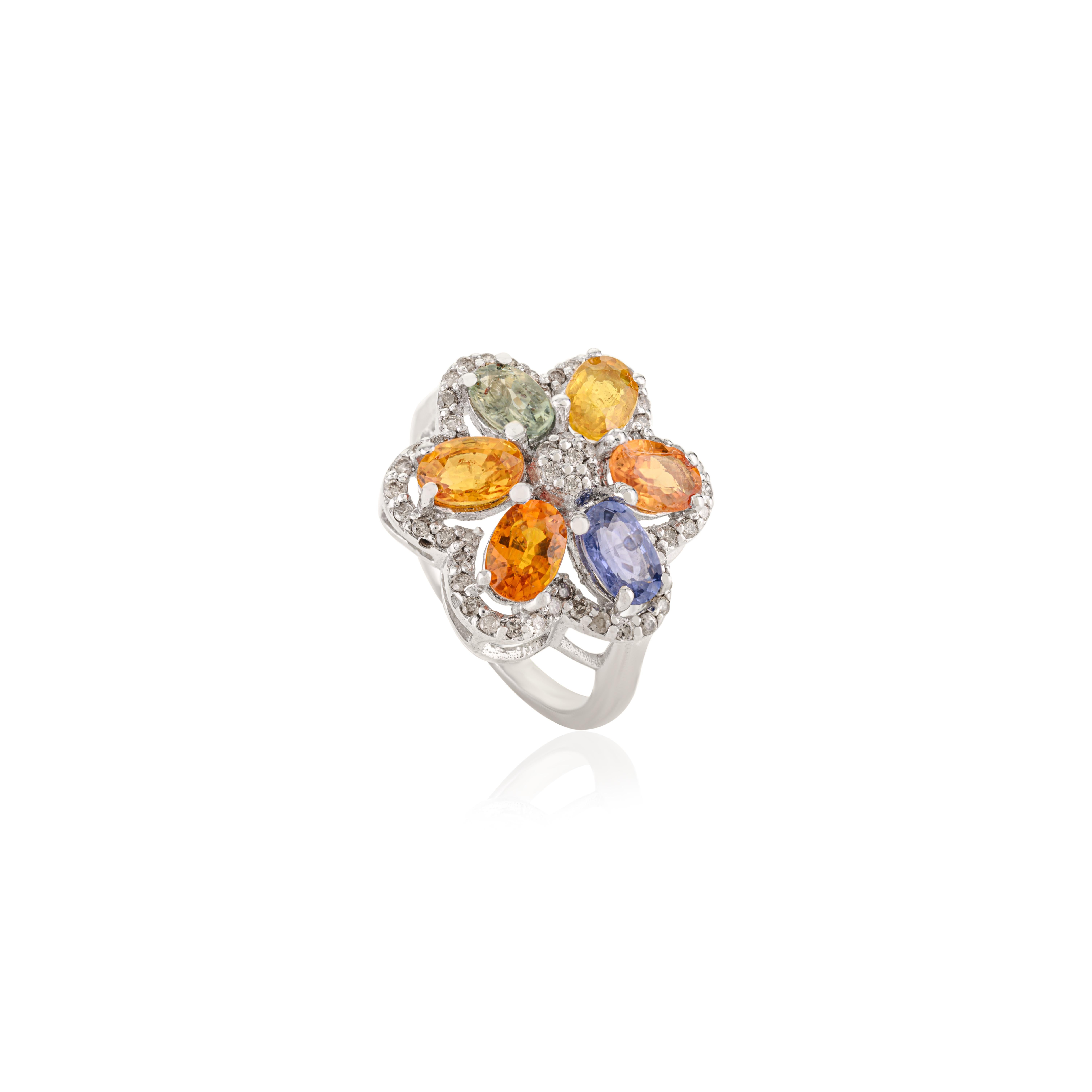 Im Angebot: Silvorra 4,9 Karat natürlicher Multi Saphir & Diamant Blumen Ring in 925 Silber () 9