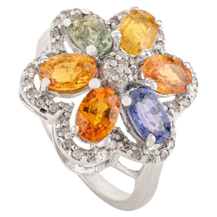 Silvorra 4.9 Carat Natural Multi Sapphire & Diamond Floral Ring in 925 Silver