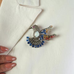 Silvorra 5.35ct Colorful Opal Sapphire Ruby & Diamond Bird Motif Brooch Pendant