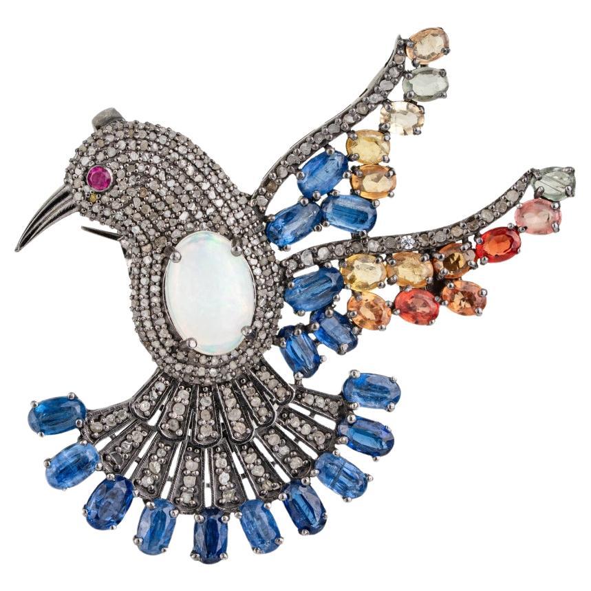 Silvorra 5.35ct Colorful Opal Sapphire Ruby & Diamond Bird Motif Brooch Pendant