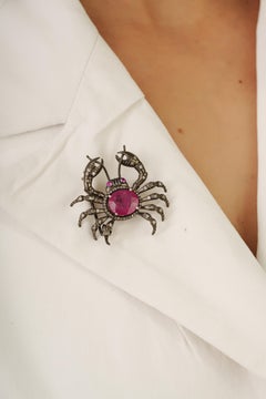 Silvorra 6.4ct Ruby & Diamond Convertible Crab Brooch and Pendant in 925 Silver