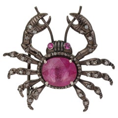 Silvorra 6.4ct Ruby & Diamond Convertible Crab Brooch and Pendant in 925 Silver