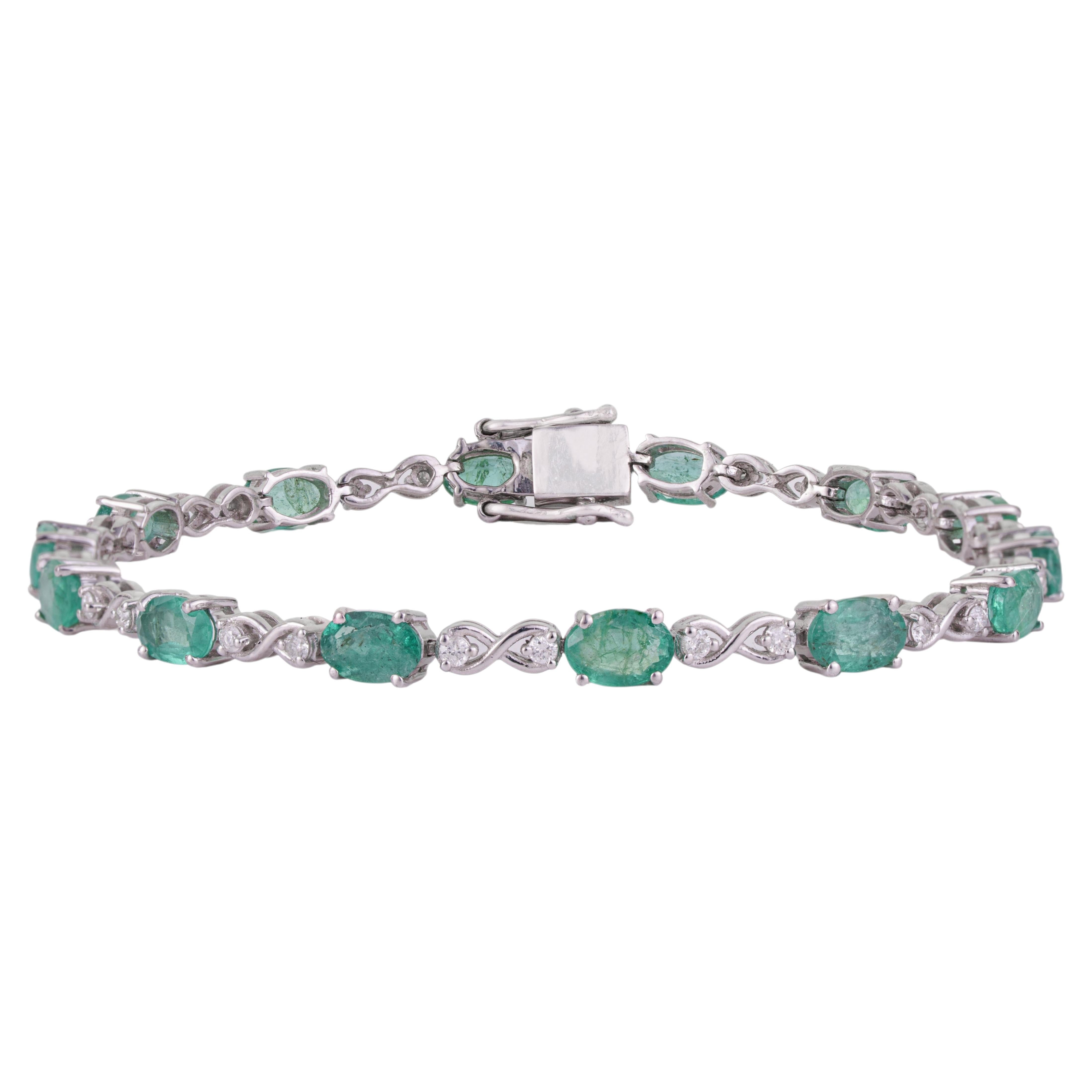 Silvorra 6.76ct Emerald & Diamond Infinity Link Bracelet in 925 Sterling Silver