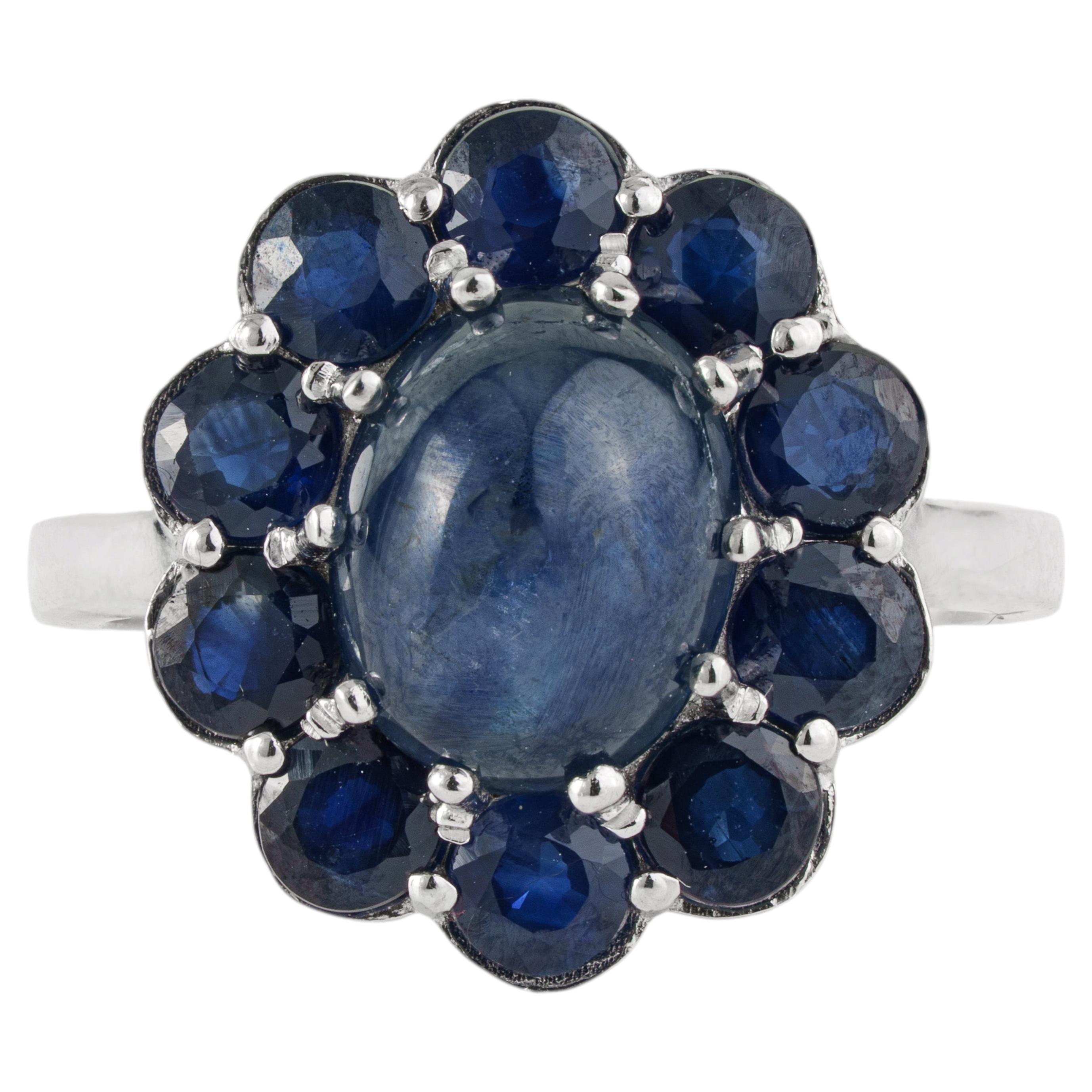 Silvorra 6.86ct Cabochon Sapphire Floral Statement Ring in 925 Sterling Silver