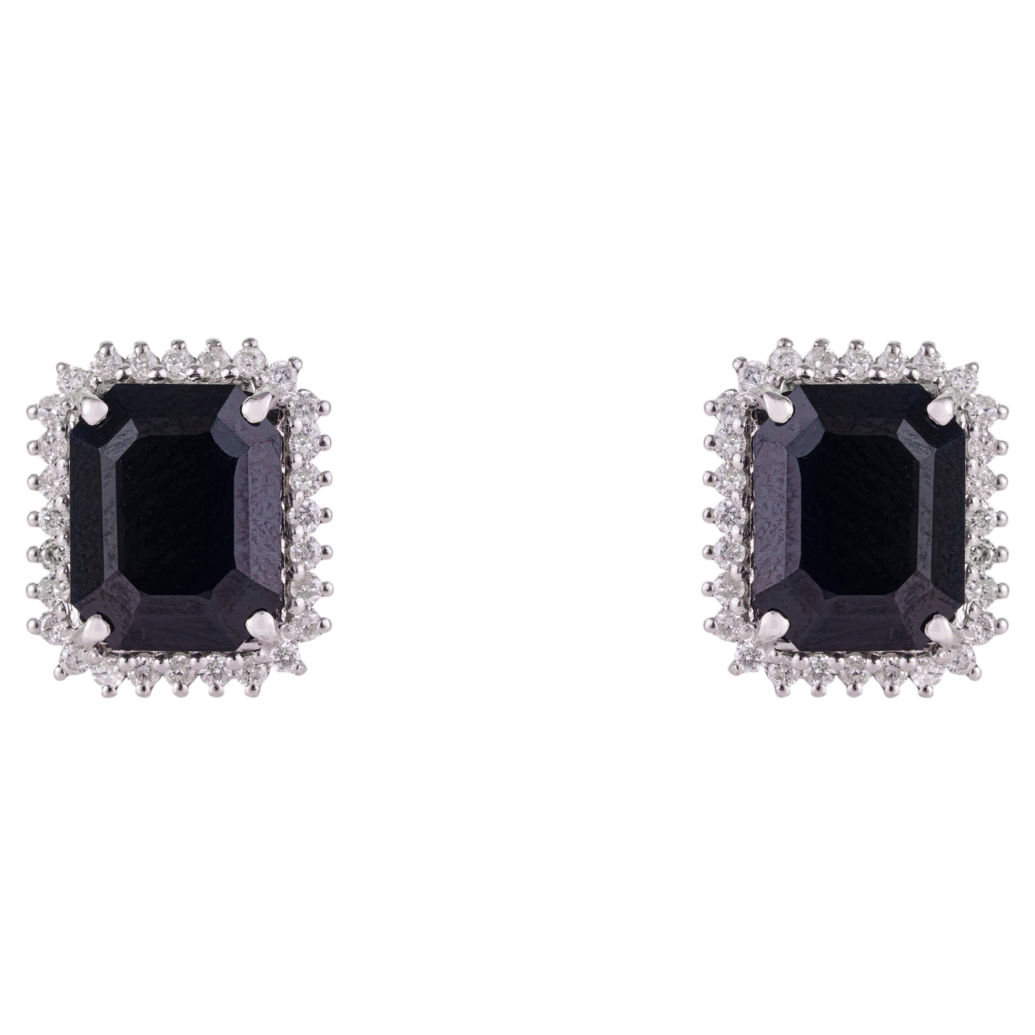 Silvorra 8.3CT Midnight Sapphire & Halo Diamond Stud Earrings in Sterling Silver