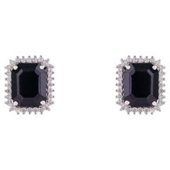 Silvorra 8.3CT Midnight Sapphire & Halo Diamond Stud Earrings in Sterling Silver