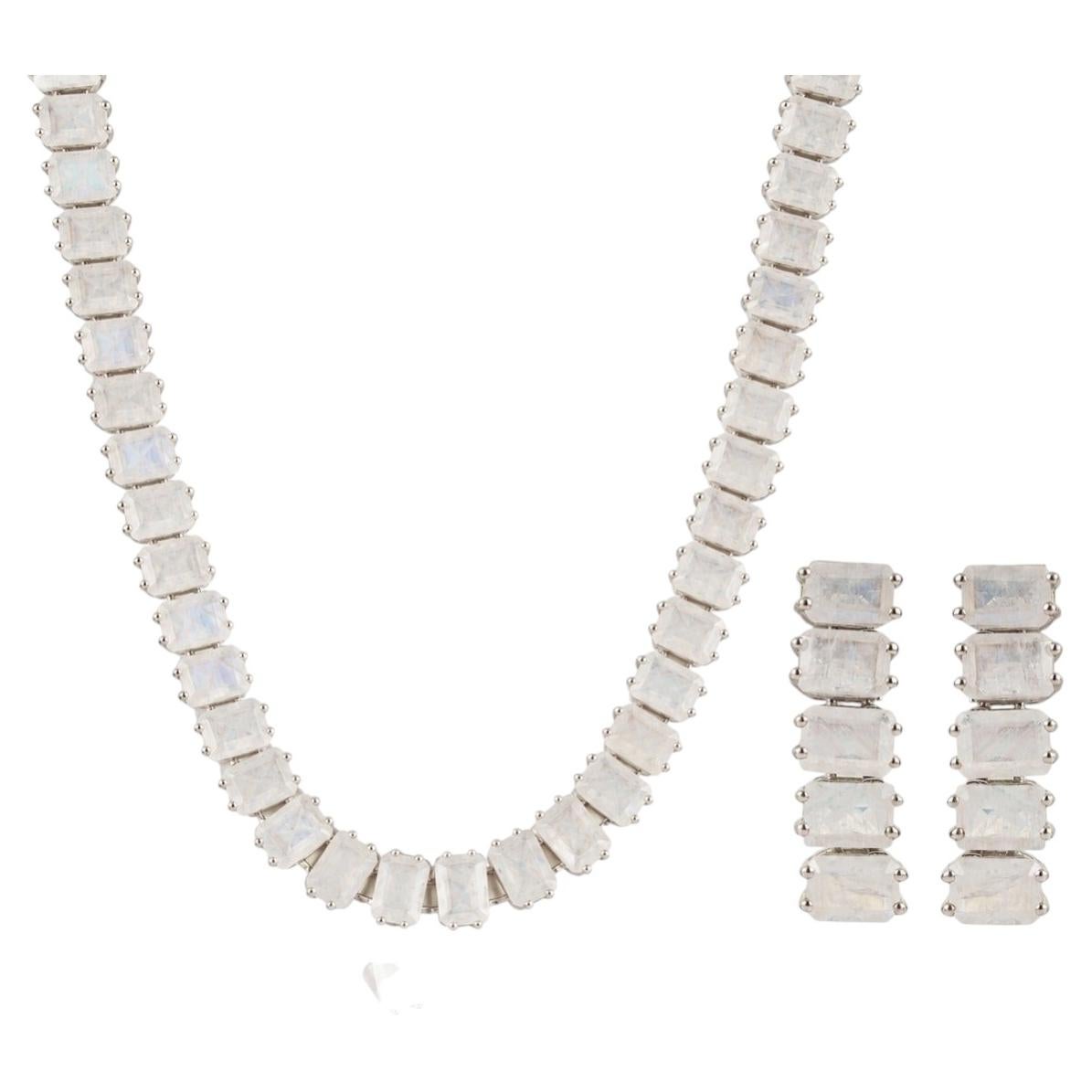 Silvorra 85.1 CTW Moonstone Necklace & Earrings Tennis Jewelry Set in 925 Silver