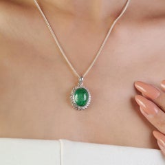 Silvorra 8.8 Carat Cabochon Emerald Pendant With Halo Diamonds in Silver for her