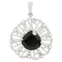 Silvorra 8.8Ct Black Onyx Pear Halo Zircon 925 Sterling Silver Statement Pendant