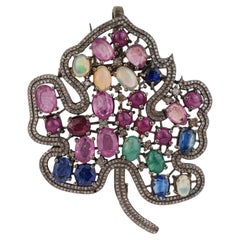 Silvorra 9.15ct Multi Gemstone Embedded Maple Leaf Oxidised Brooch Pendant