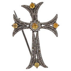 Silvorra 925 Antique Style Yellow Sapphire & Diamond Flared Cross Brooch Pendant