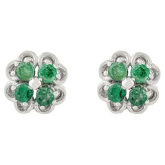 Silvorra 925 Silver 1.38 Ct Natural Emerald Floral Stud Earrings Holiday Gift