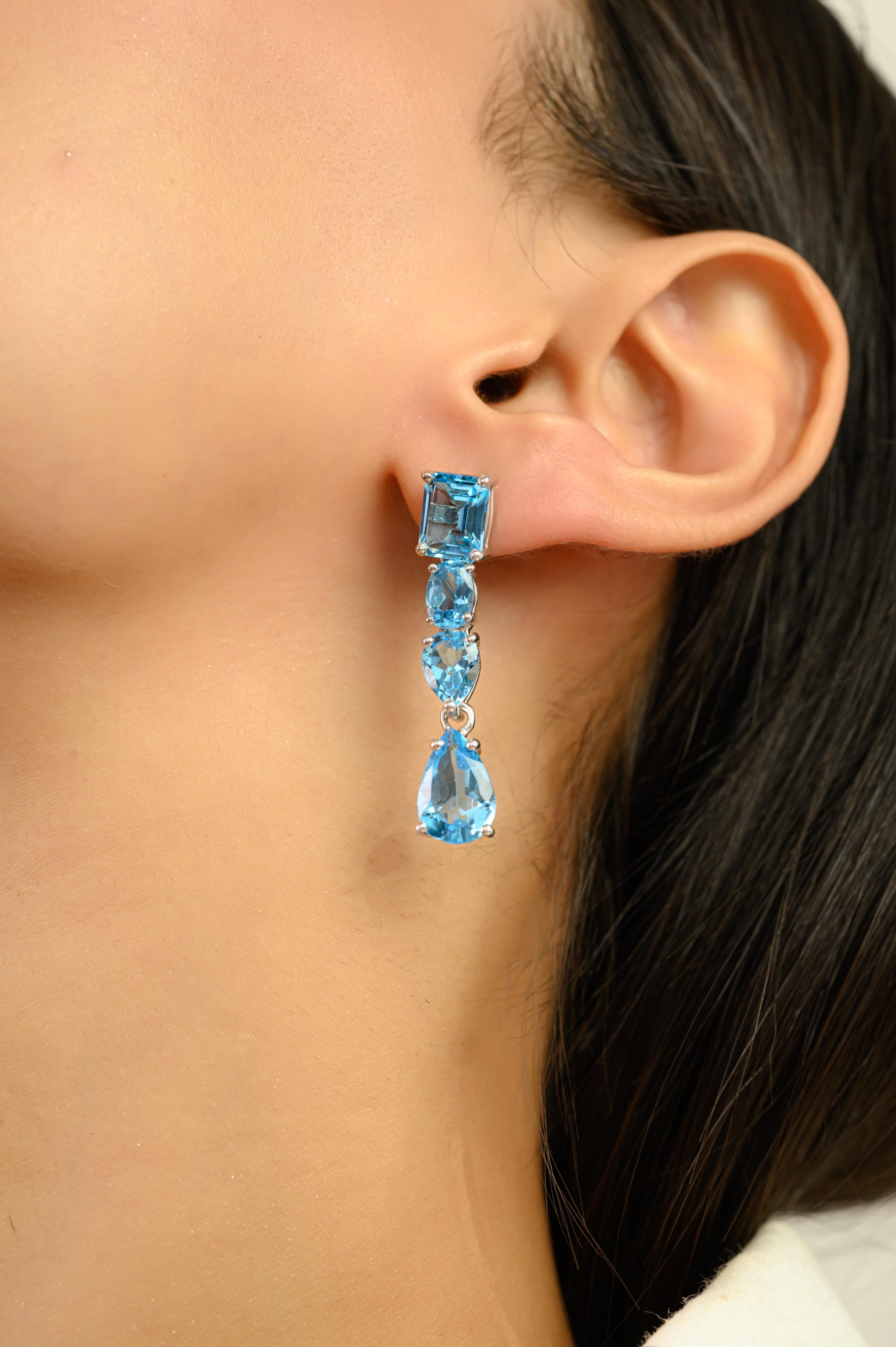 Silvorra 925 Plata 14,55 Quilates Topacio Azul Pendientes Colgantes Largos Regalo de Navidad Corte mixto en venta