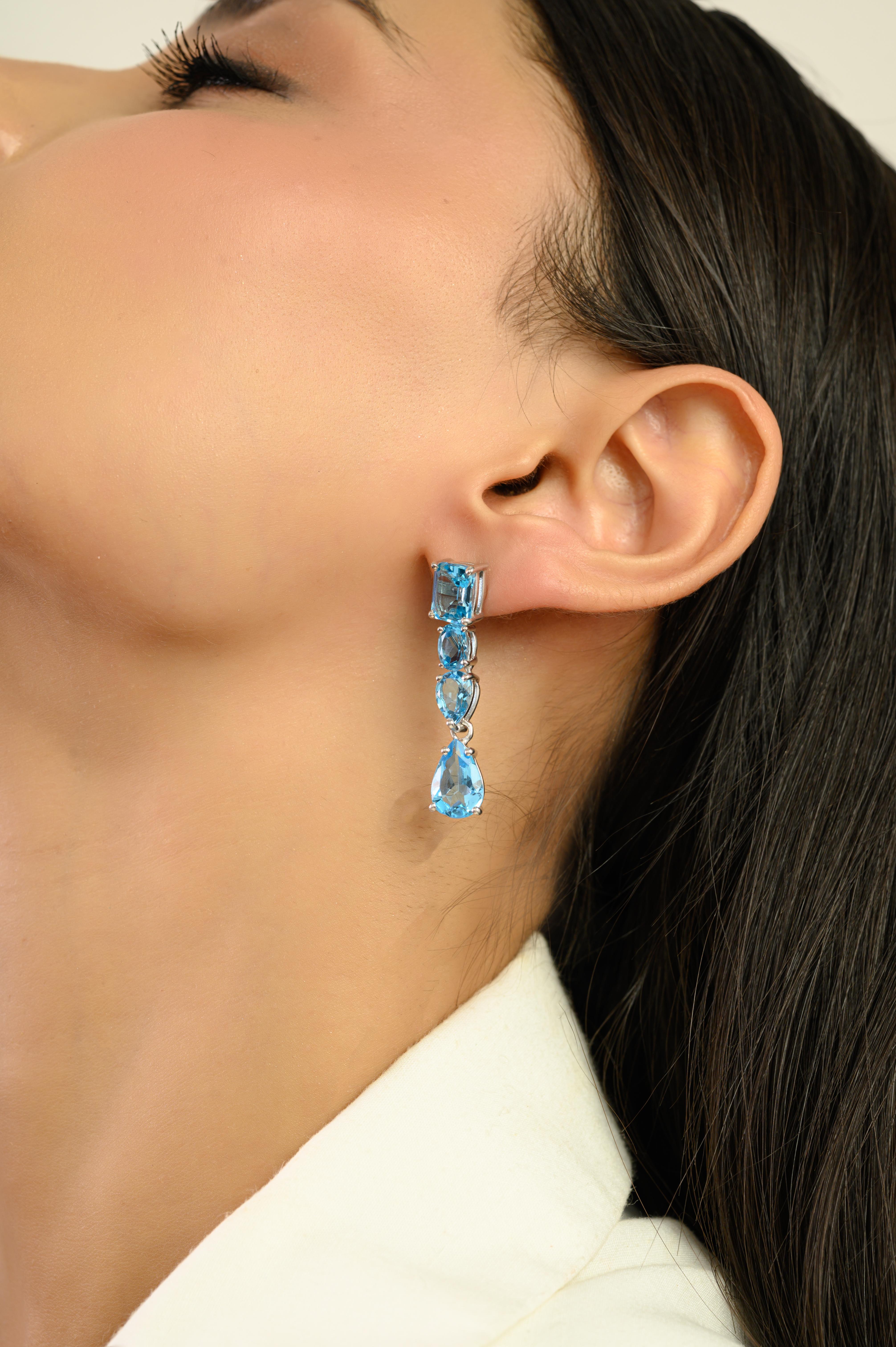 Silvorra 925 Plata 14,55 Quilates Topacio Azul Pendientes Colgantes Largos Regalo de Navidad en venta 1