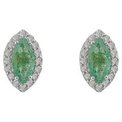 Silvorra 925 Silver 1.8ct Marquise Cut Emerald & Diamond Navette Stud Earrings
