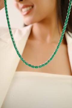 Silvorra 925 Plata 21.57 Quilates Esmeralda Natural Talla Octágono Collar Largo Tenis