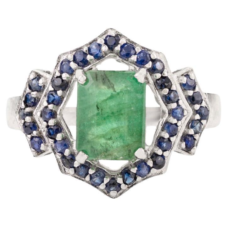 For Sale:  Silvorra 925 Silver 2.23 Carat Emerald Sapphire Hexagon Halo Ring for Women Gift
