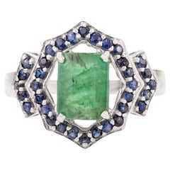 Silvorra 925 Silver 2.23 Carat Emerald Sapphire Hexagon Halo Ring for Women Gift