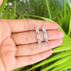 Silvorra 925 Silver 2.74CT Aquamarine & Diamond Three Stone Linear Drop Earrings