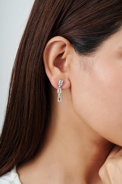 Silvorra 925 Silver 2.74CT Aquamarine & Diamond Three Stone Linear Drop Earrings