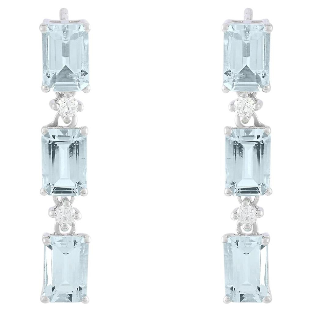 Silvorra 925 Silver 2.74CT Aquamarine & Diamond Three Stone Linear Drop Earrings For Sale
