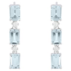 Silvorra 925 Silver 2.74CT Aquamarine & Diamond Three Stone Linear Drop Earrings