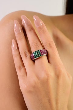 Silvorra 925 Silver 2.75 Carat Emerald & Ruby Wide Band Ring for Christmas