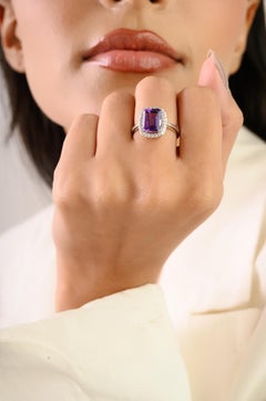 Silvorra Anillo de plata 925 con halo octogonal de amatista natural de 2,7 quilates y detalles de circonita