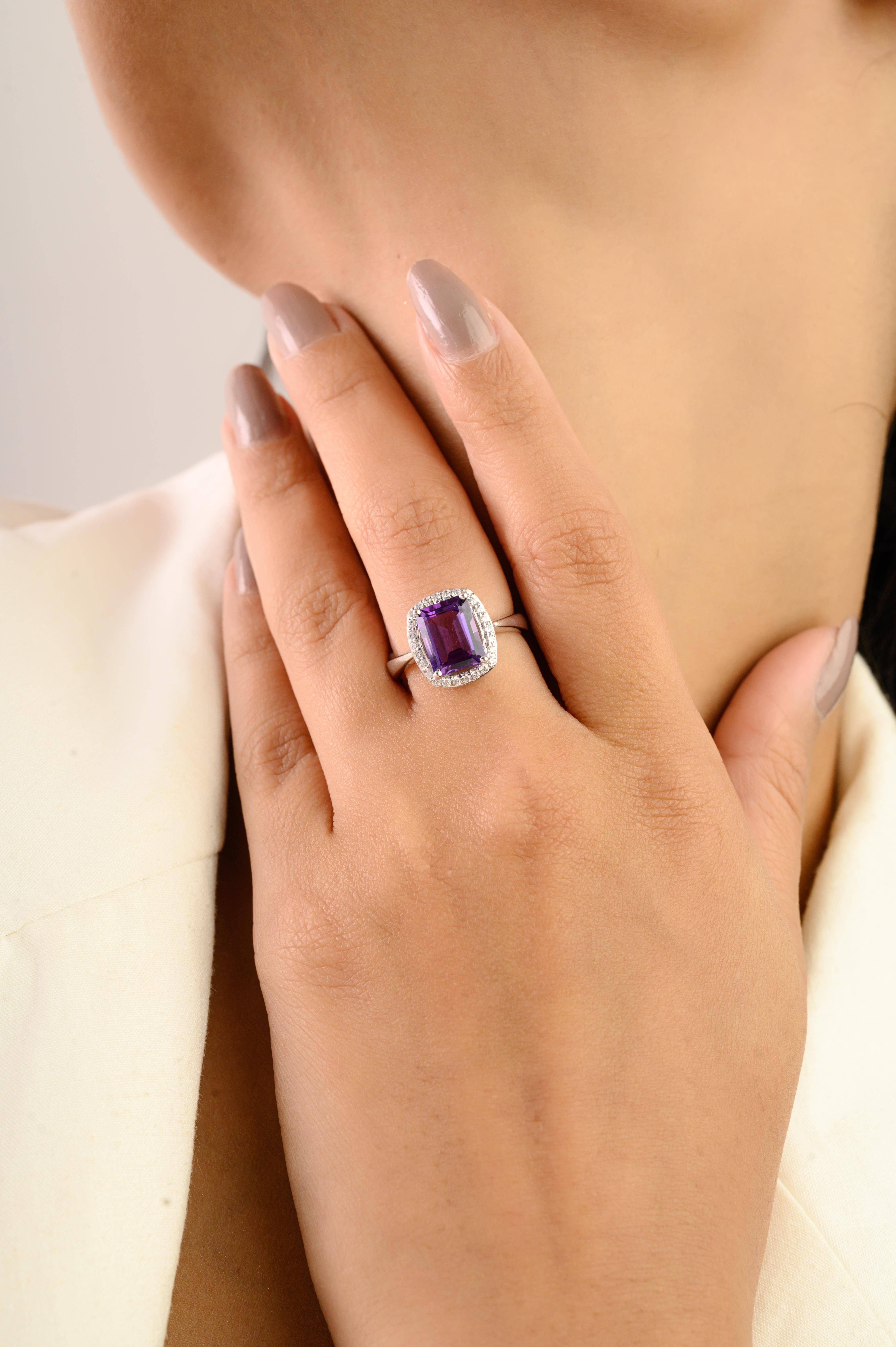 in vendita:  Anello a forma di ottagono con ametista naturale da 2,7 carati con accenti di zirconi, Silvorra 925 Silver 4