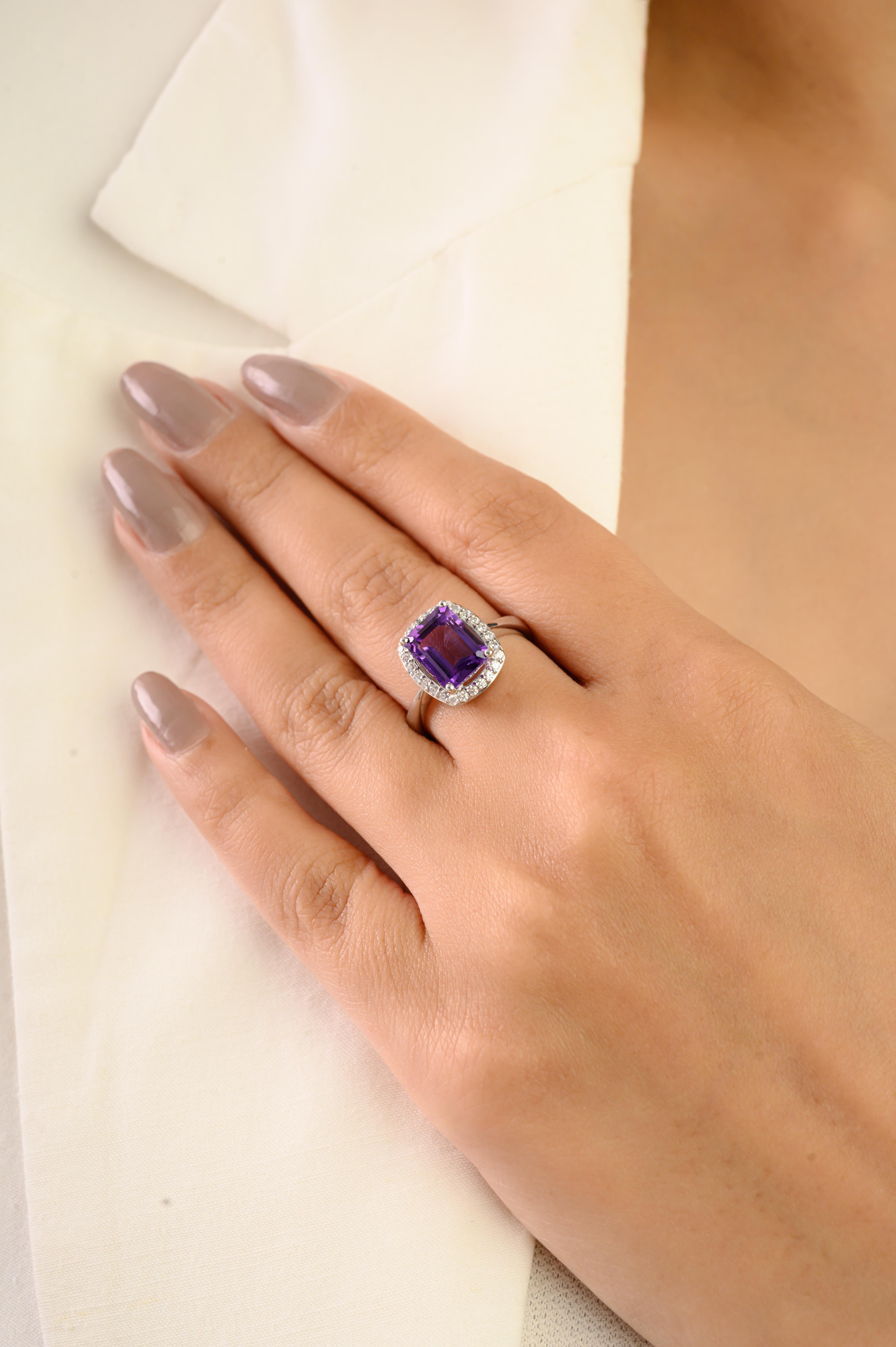 in vendita:  Anello a forma di ottagono con ametista naturale da 2,7 carati con accenti di zirconi, Silvorra 925 Silver 6