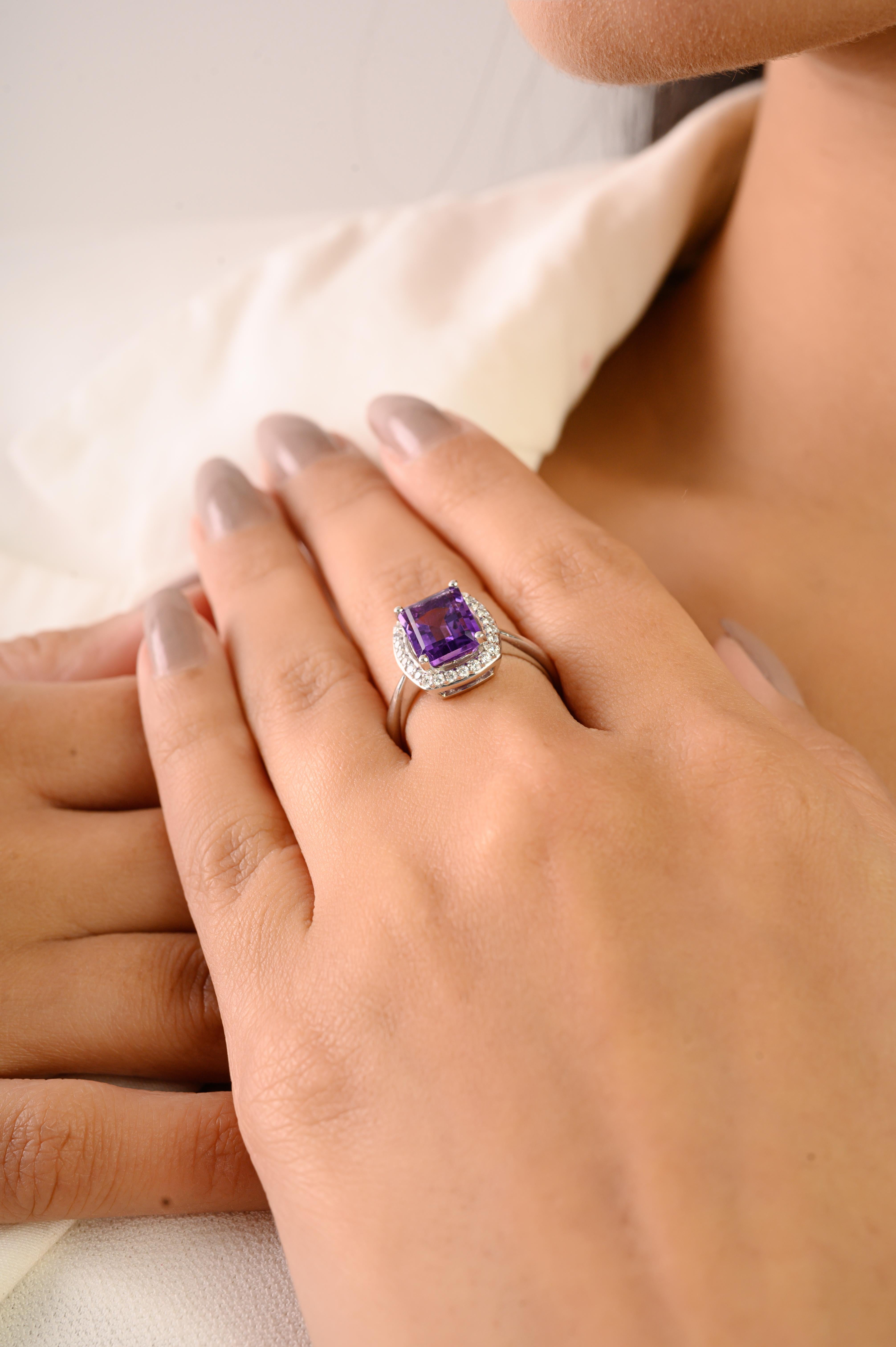 in vendita:  Anello a forma di ottagono con ametista naturale da 2,7 carati con accenti di zirconi, Silvorra 925 Silver 8