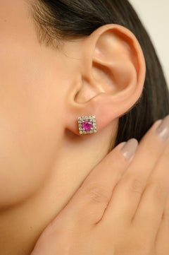 Silvorra 925 Silver 3.3 ct Ruby & 1.13 ct Diamond Double Halo Stud Earrings