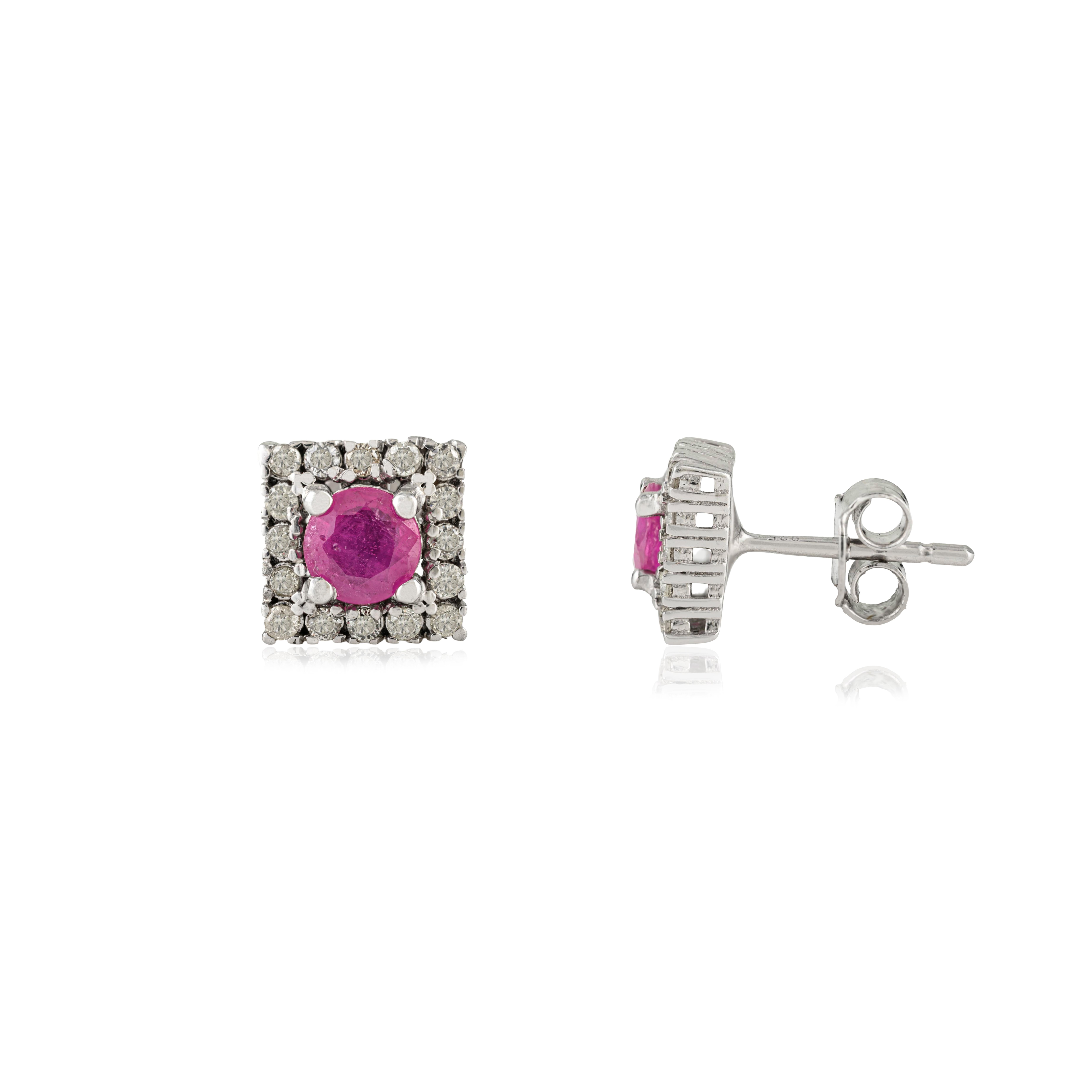 Art déco Boucles d'oreilles double halo en argent 925 Silvorra 3,3 ct Rubis et 1,13 ct Diamant en vente