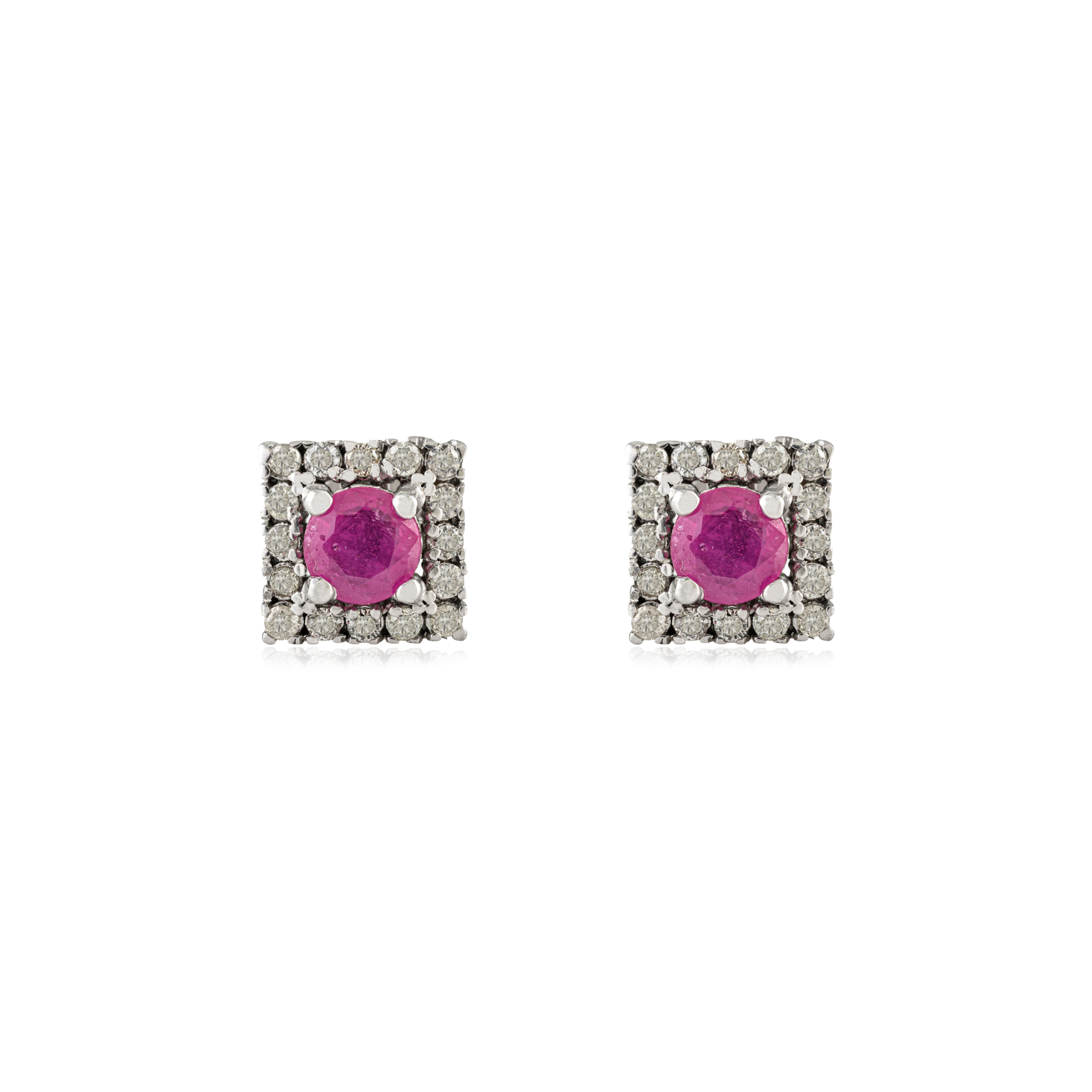 Boucles d'oreilles double halo en argent 925 Silvorra 3,3 ct Rubis et 1,13 ct Diamant en vente 3