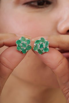 Silvorra 925 Silver 6.21ct Lush Green Emerald and Diamond Floral Cluster Studs